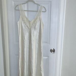 Silk Ivory Slip Dress Night Gown Y2K Lace V-Neck Mesh Bridal Bow Large Vintage